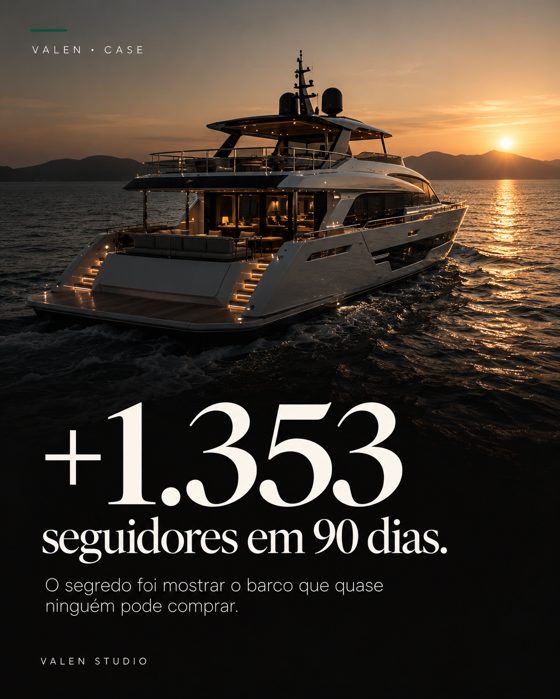 Capa de post da Atlantic Ocean Boats com iate ao pôr do sol e o número +1.353 seguidores em 90 dias